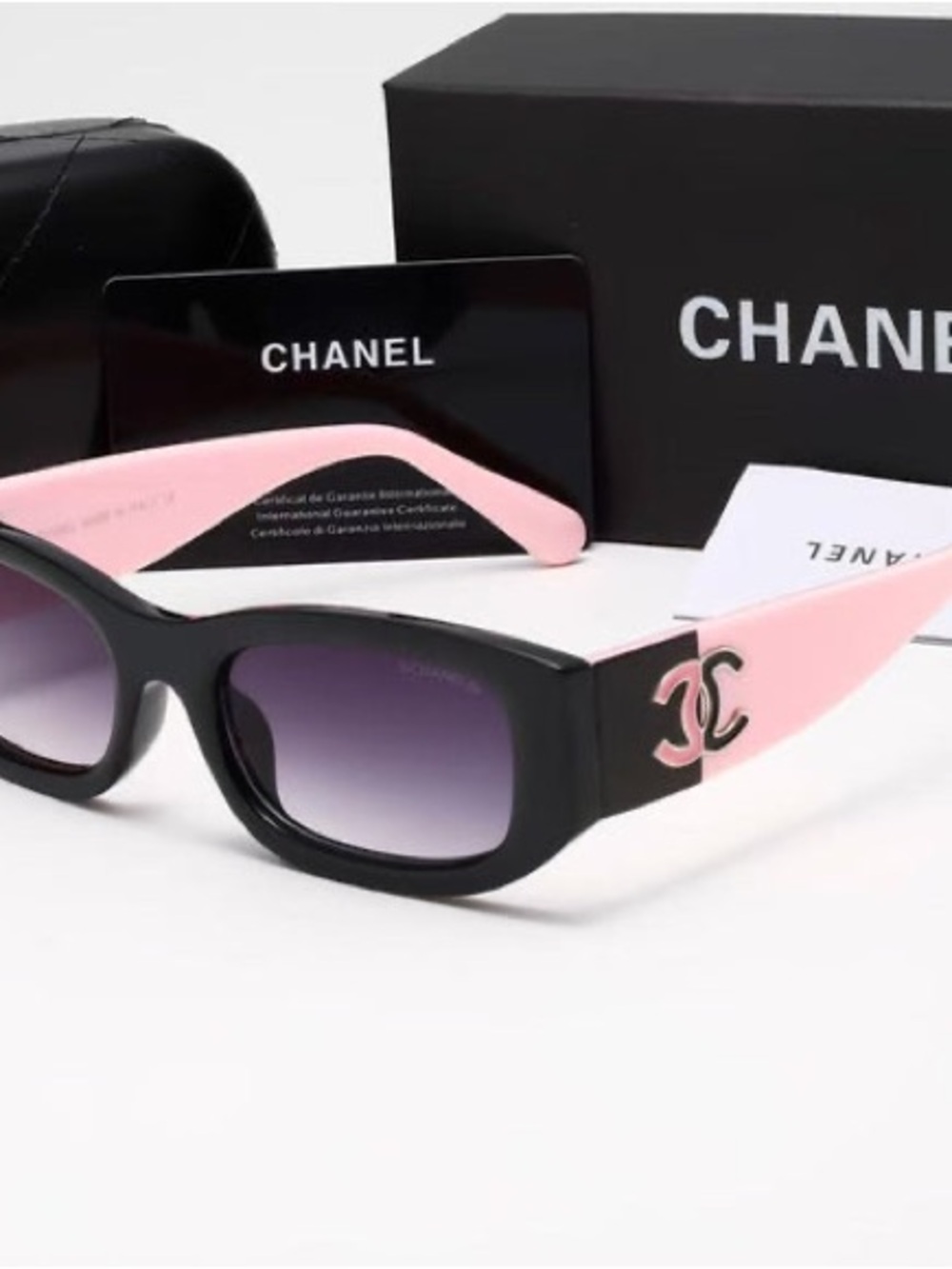 CHANEL Black and Pink Rectangular Logo Sunglasses